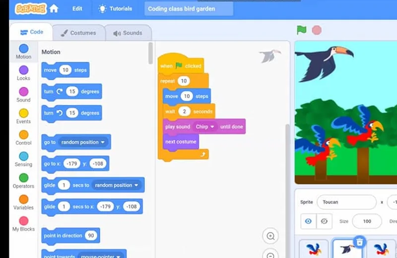 A student's Scratch project: a bird garden game with toucans and parrots