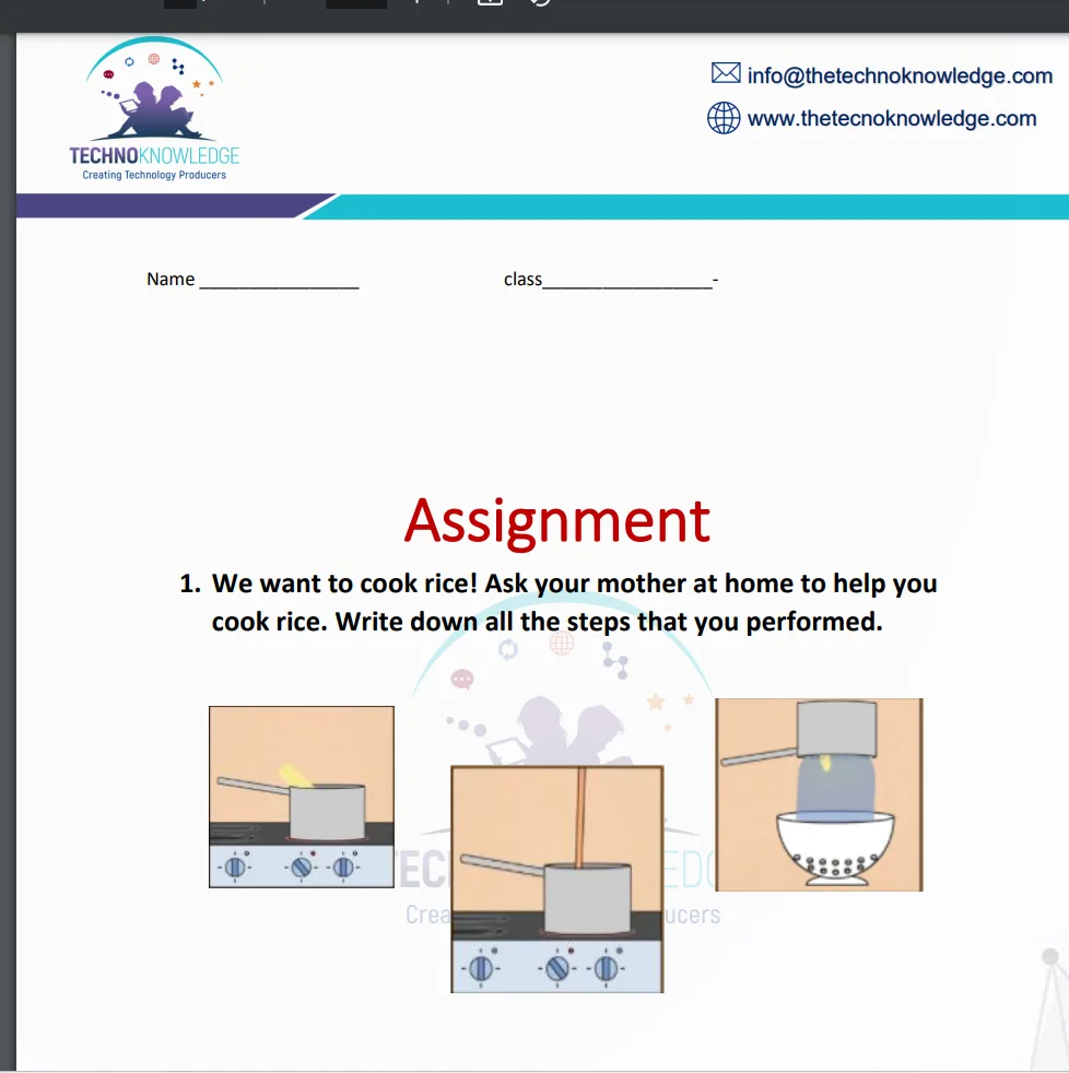 An assignment sheet asking students to write the steps for cooking rice