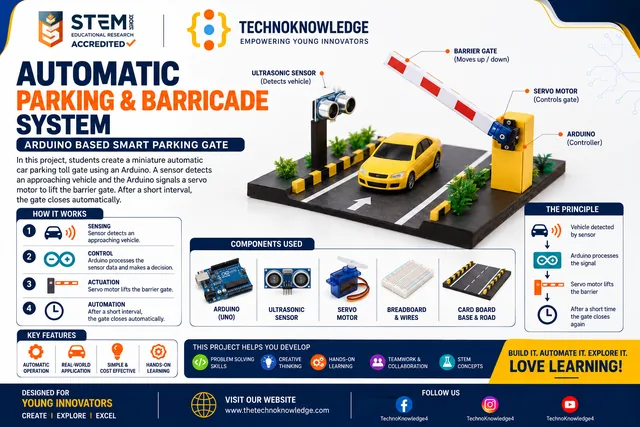 Automatic Parking & Barricade System project sheet from the Grade 7 Arduino guide