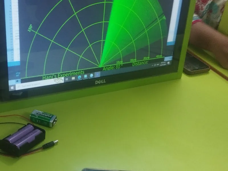 An ultrasonic radar project built by students, shown on a monitor